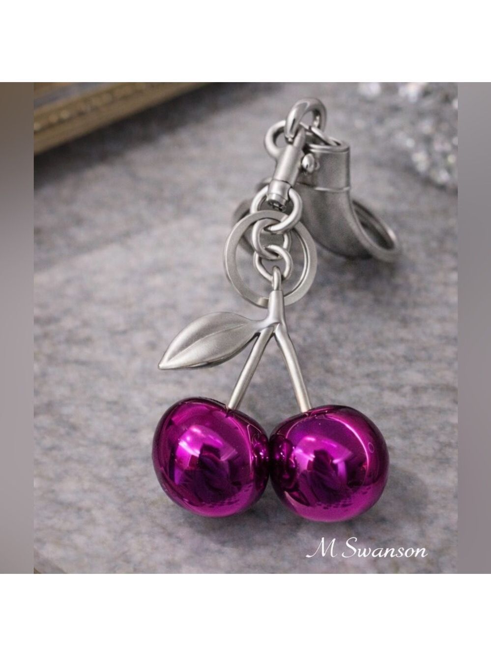 Fuchsia Pink Metallic Cherry Bag Charm Keychain Silver Tone Hardware NWT
